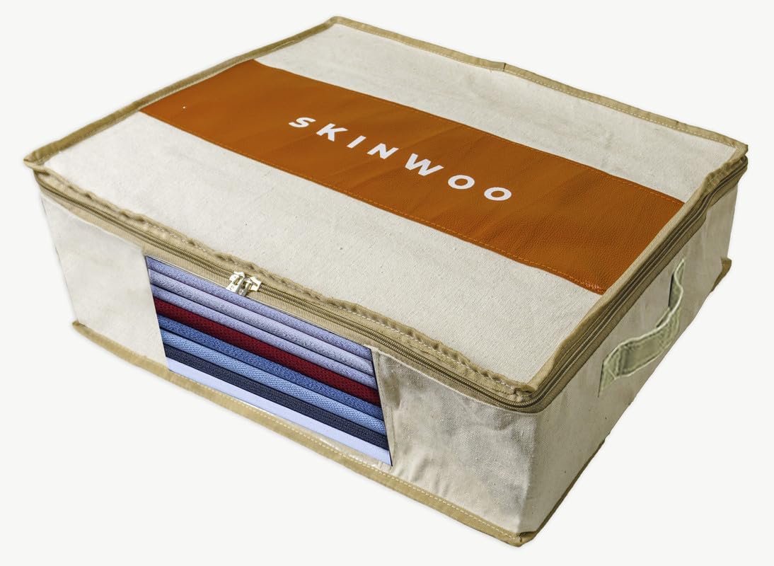 Skinwoo Large Clothes Storage Bag, Canvas Clothes Organizer with Dual Zipper Reinforced Carrying Handles for Blanket Lehenga Comforter Sweater Closet Storage Container (20×7×22 Inches, Pack of 1)