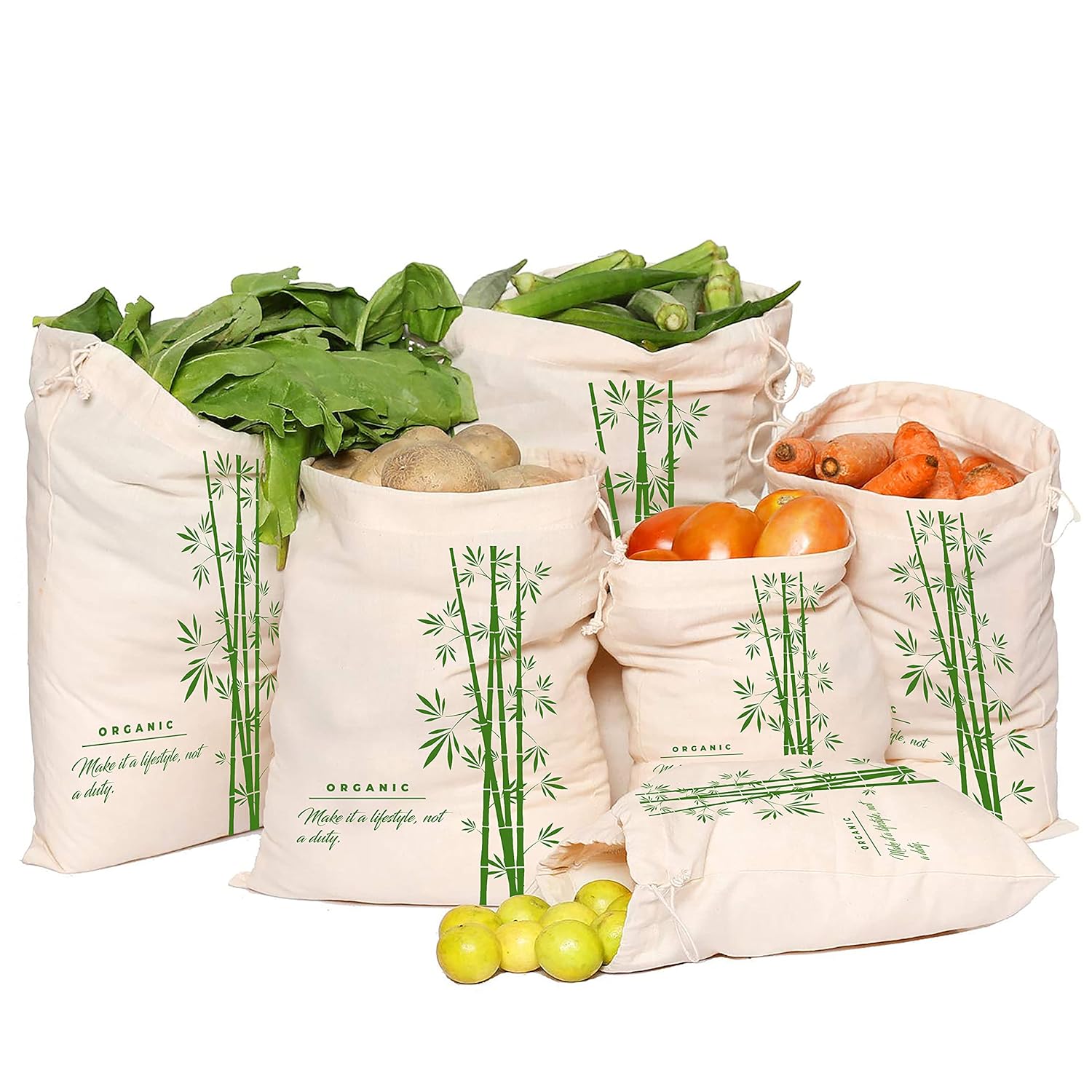 SKINWOO 100% Cotton Set of 6 Reusable Fridge Storage Bags (10x13 Inches) for Vegetables and Fruits Multipurpose Eco Friendly Bags