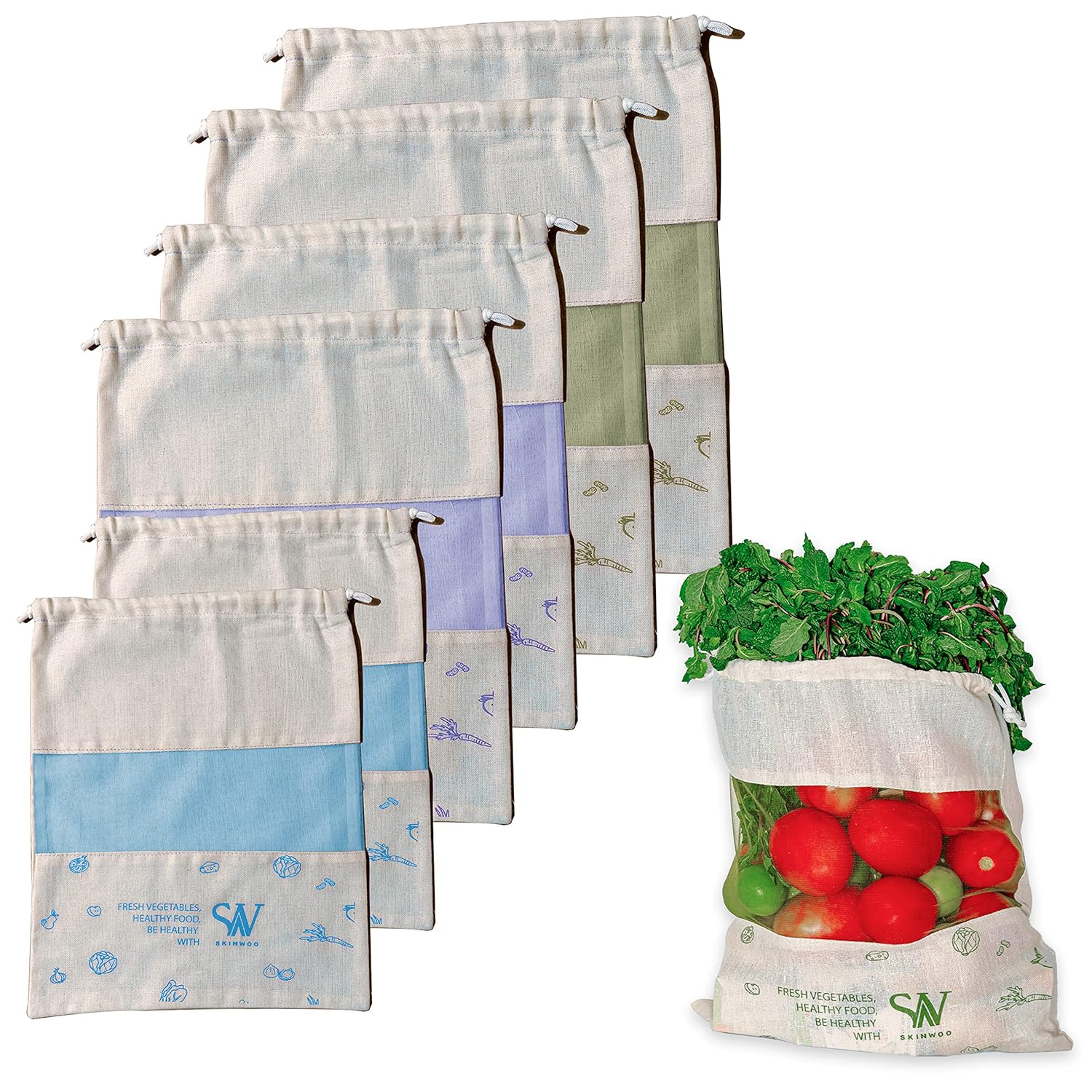 Skinwoo Set of 6 Organic Cotton Reusable Drawstring Vegetable Bag For Fridge, Eco Friendly Storage Bags, 11 x 13 Inch Perfect For Fruits, Vegetables, Pulses And Grocery items, Multipurpose(3 Colors)