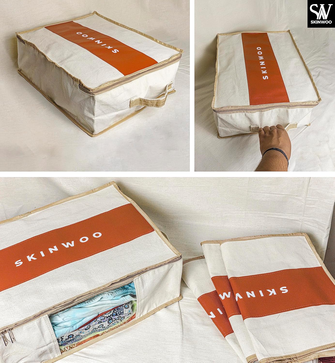 Skinwoo Large Clothes Storage Bag, Canvas Clothes Organizer with Dual Zipper Reinforced Carrying Handles for Blanket Lehenga Comforter Sweater Closet Storage Container (20×7×22 Inches, Pack of 1)
