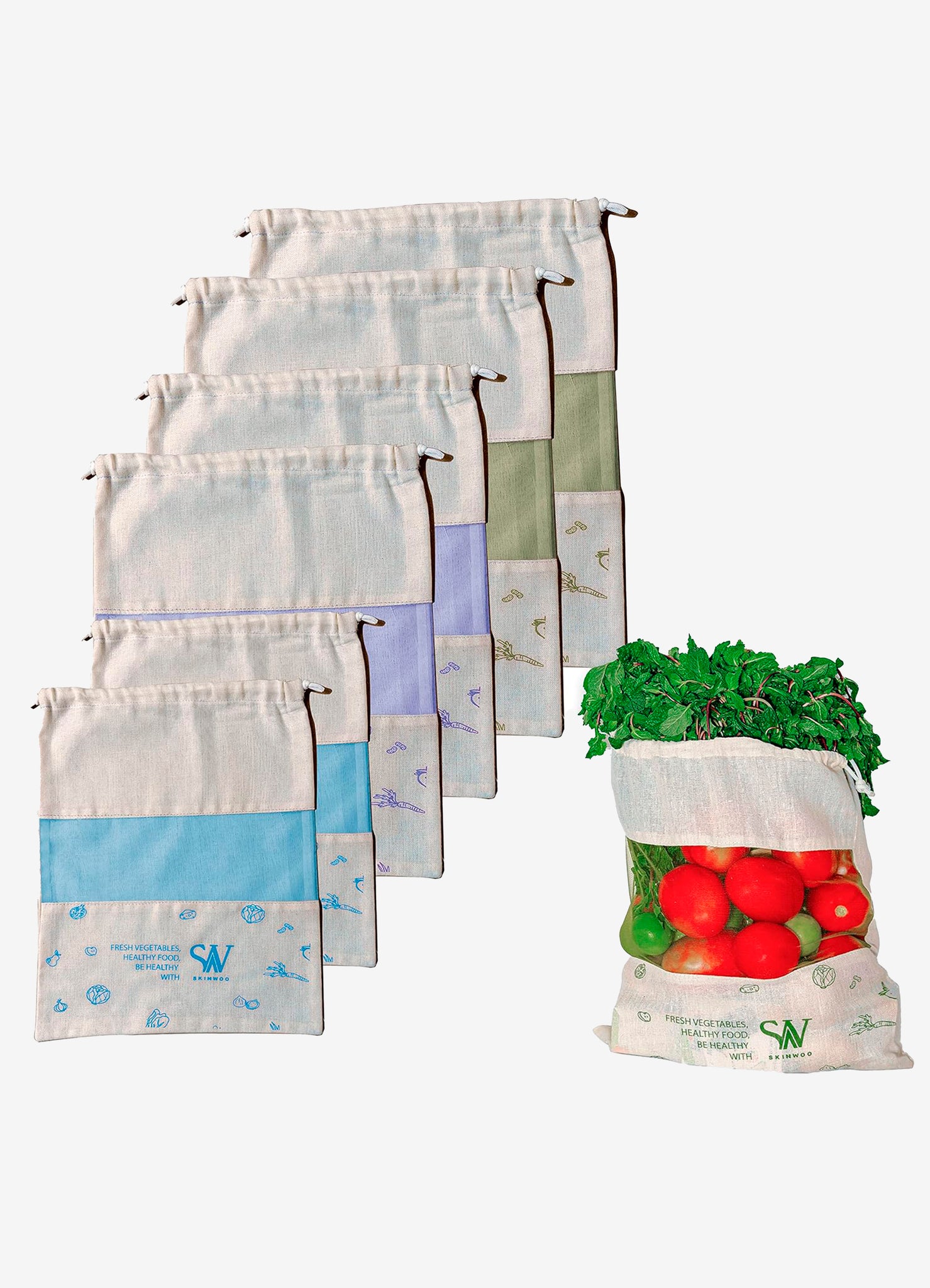 Skinwoo Organic Cotton Reusable Drawstring Vegetable Bag For Fridge, Eco Friendly Storage Bags, 11 x 13 Inch Perfect For Fruits, Vegetables, Pulses And Grocery items, Multipurpose(3 Colors)